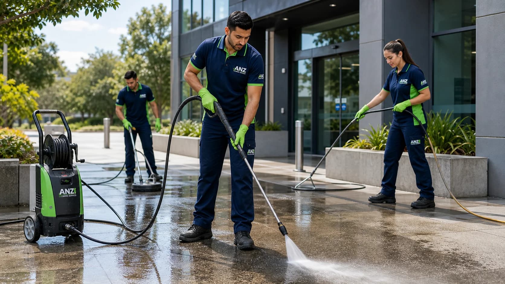 ANZ high-pressure cleaning rig washing down a Silverwater commercial entryway