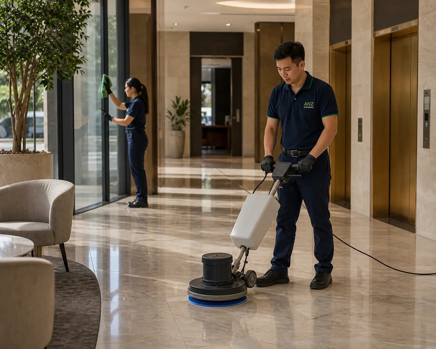 Commercial cleaning team polishing lobby floor — ANZ Silverwater